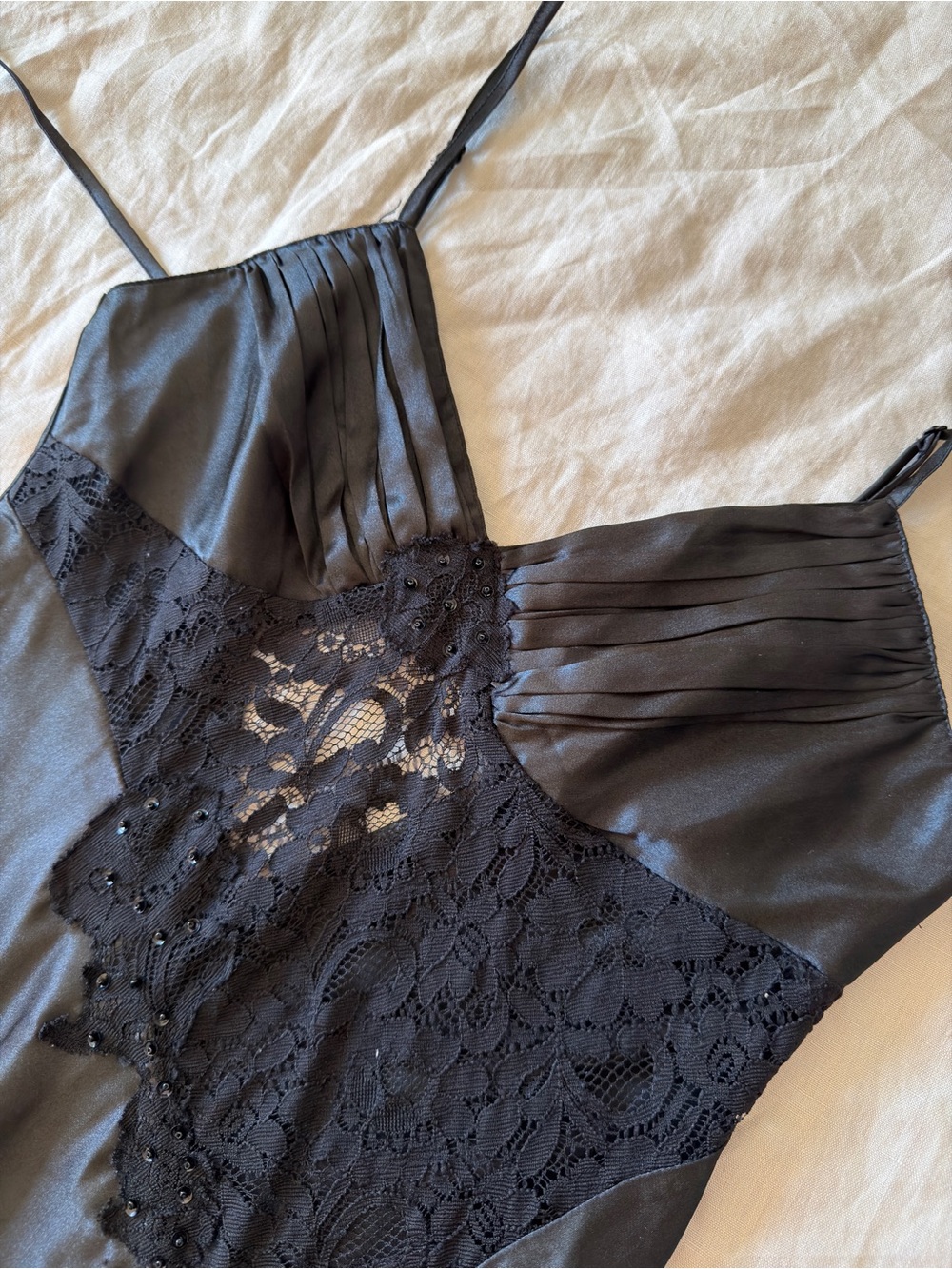 La vie en rose Lace-Accent Black Satin Slip Dress with Thigh Slit small - Picture 9 of 14